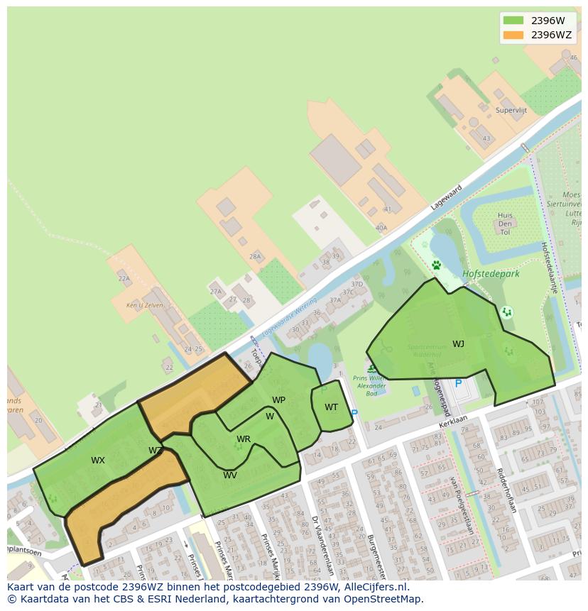 Afbeelding van het postcodegebied 2396 WZ op de kaart.