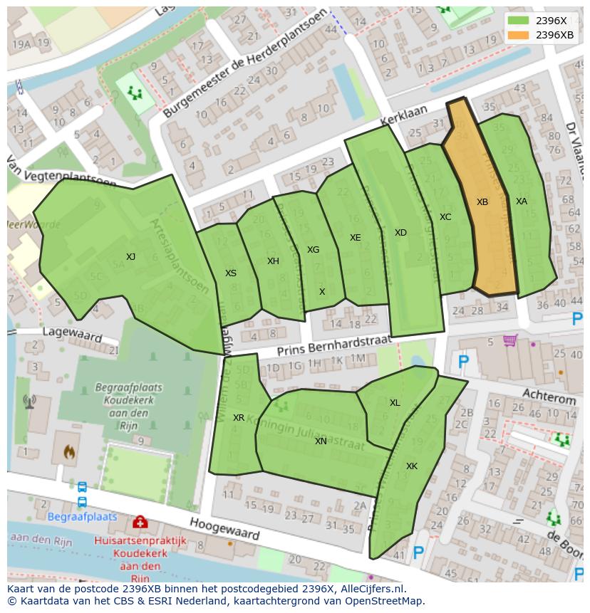 Afbeelding van het postcodegebied 2396 XB op de kaart.