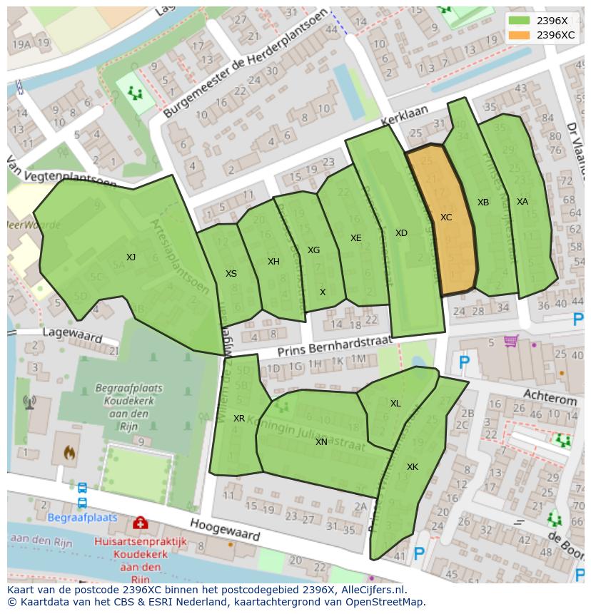Afbeelding van het postcodegebied 2396 XC op de kaart.