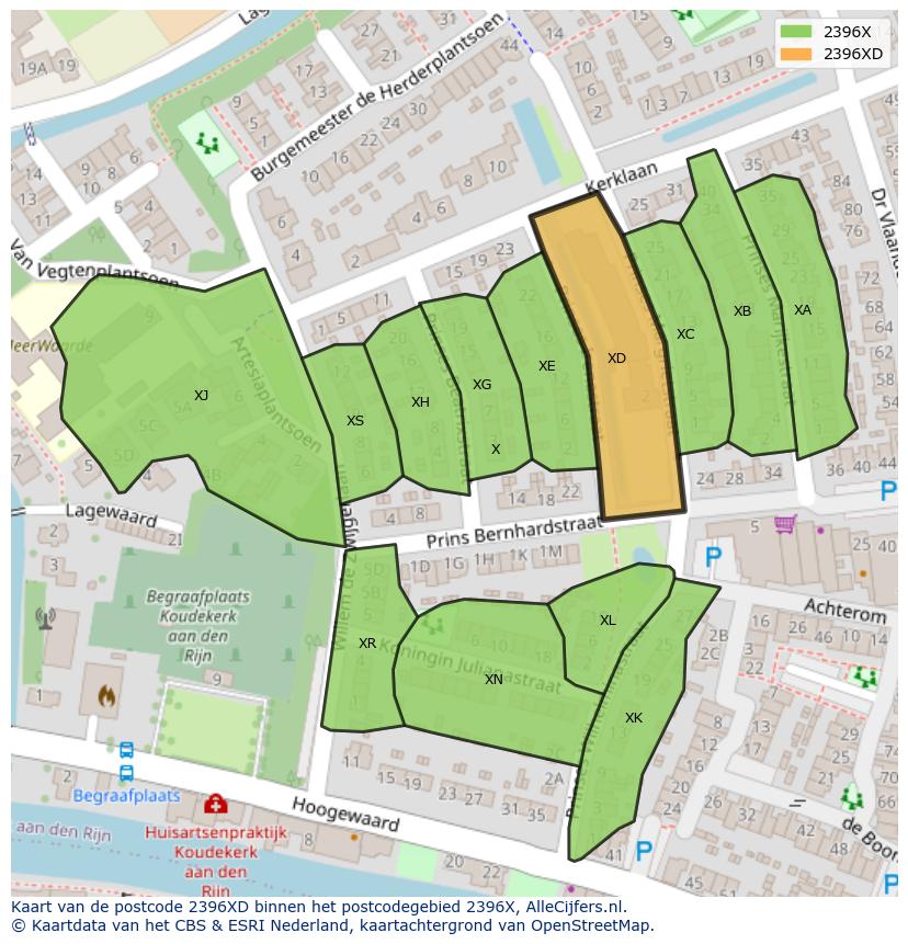 Afbeelding van het postcodegebied 2396 XD op de kaart.