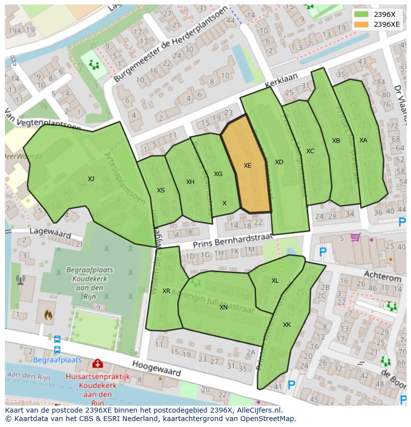 Afbeelding van het postcodegebied 2396 XE op de kaart.