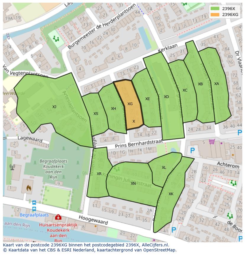 Afbeelding van het postcodegebied 2396 XG op de kaart.