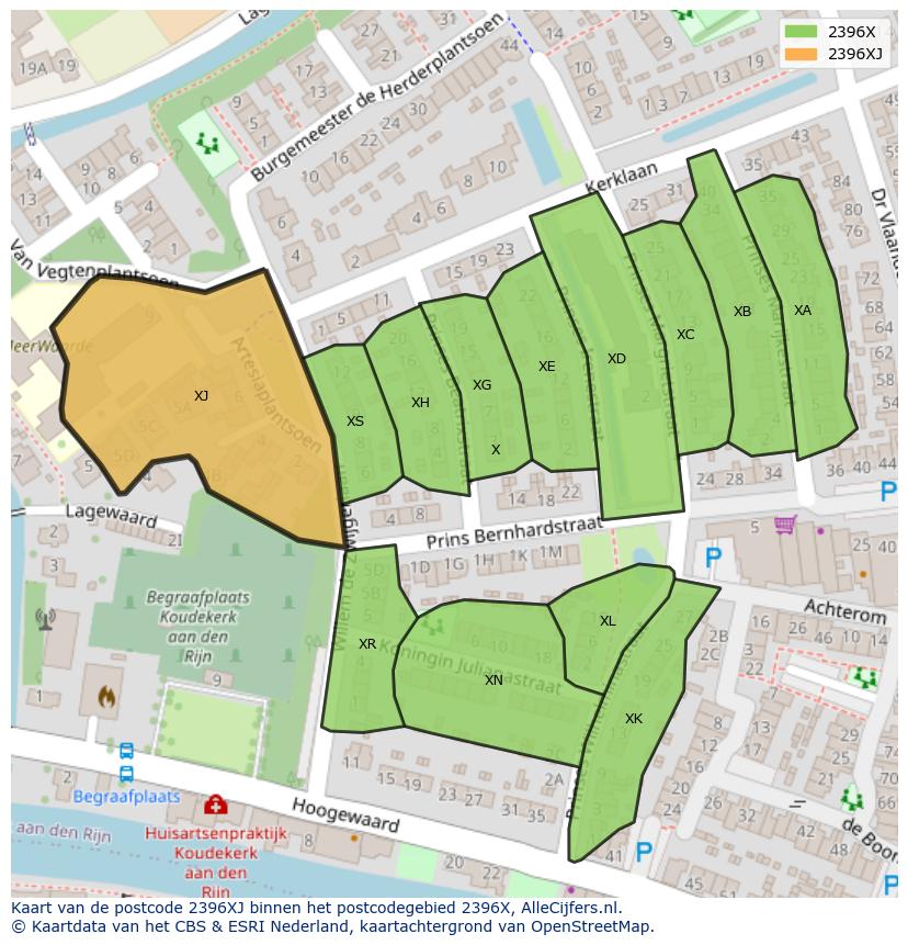 Afbeelding van het postcodegebied 2396 XJ op de kaart.