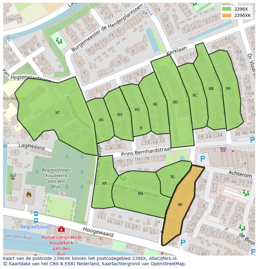Afbeelding van het postcodegebied 2396 XK op de kaart.