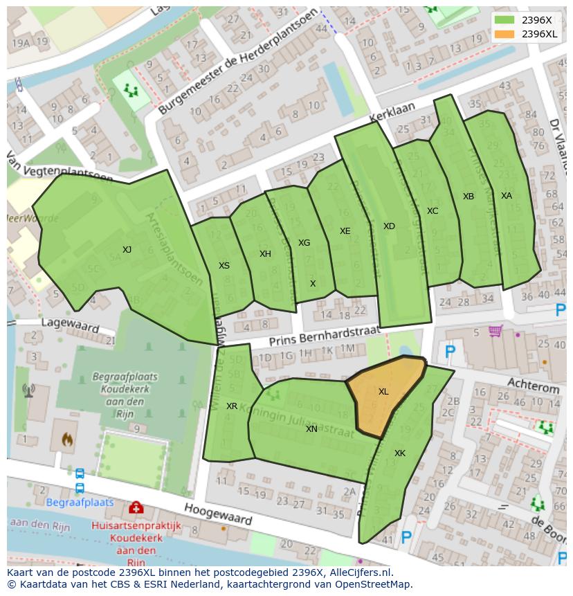 Afbeelding van het postcodegebied 2396 XL op de kaart.
