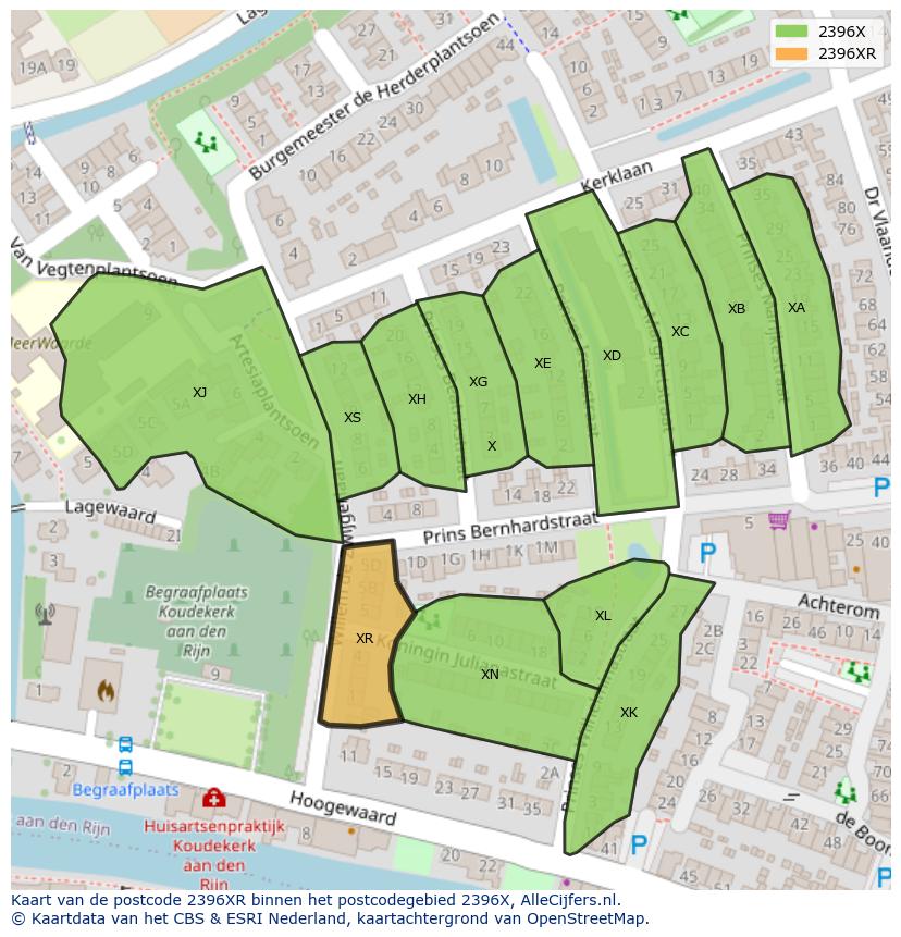 Afbeelding van het postcodegebied 2396 XR op de kaart.