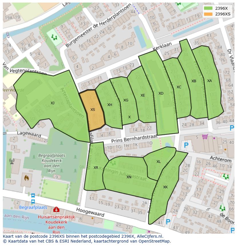 Afbeelding van het postcodegebied 2396 XS op de kaart.