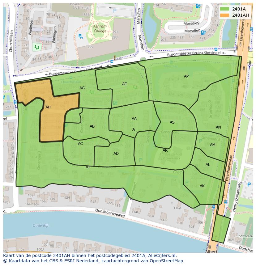 Afbeelding van het postcodegebied 2401 AH op de kaart.