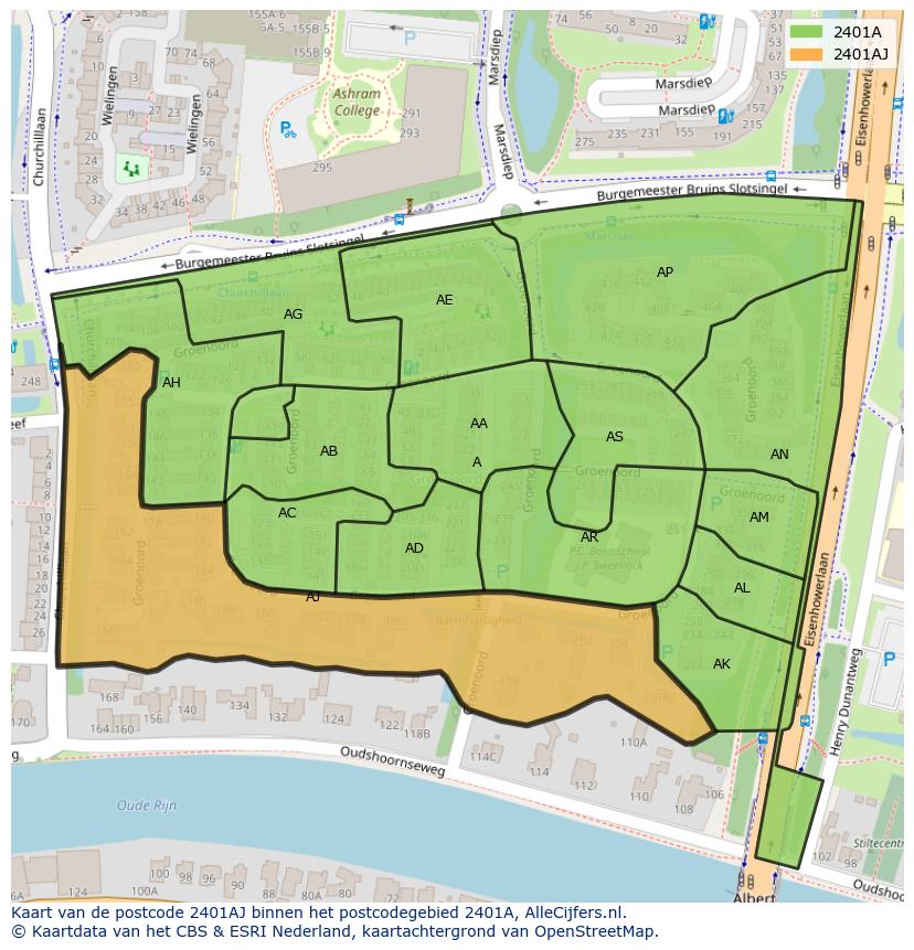 Afbeelding van het postcodegebied 2401 AJ op de kaart.