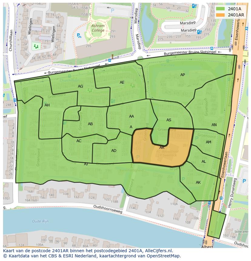 Afbeelding van het postcodegebied 2401 AR op de kaart.