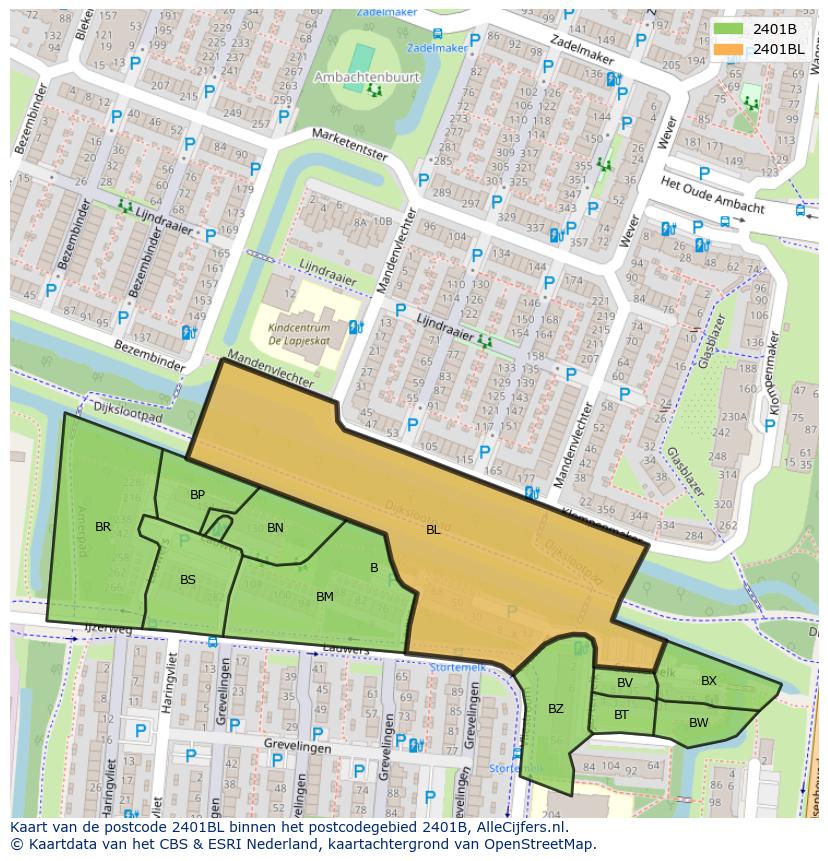 Afbeelding van het postcodegebied 2401 BL op de kaart.
