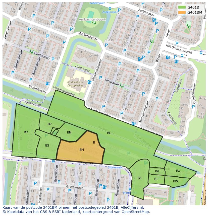 Afbeelding van het postcodegebied 2401 BM op de kaart.