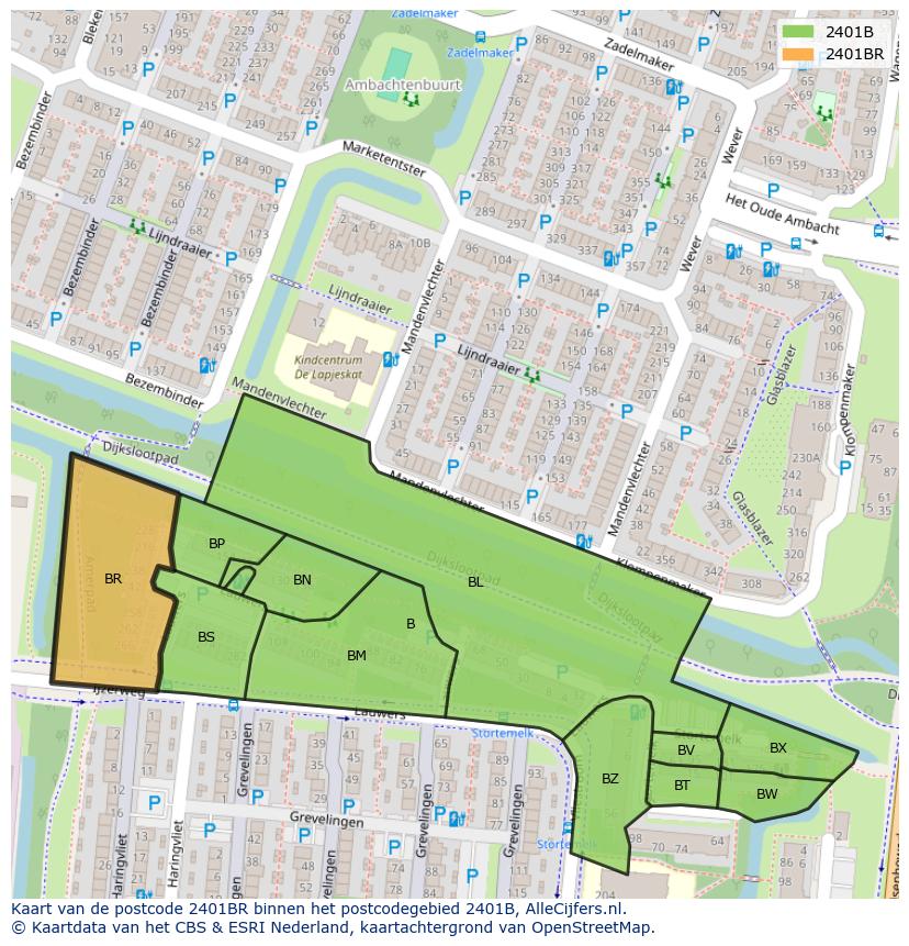 Afbeelding van het postcodegebied 2401 BR op de kaart.