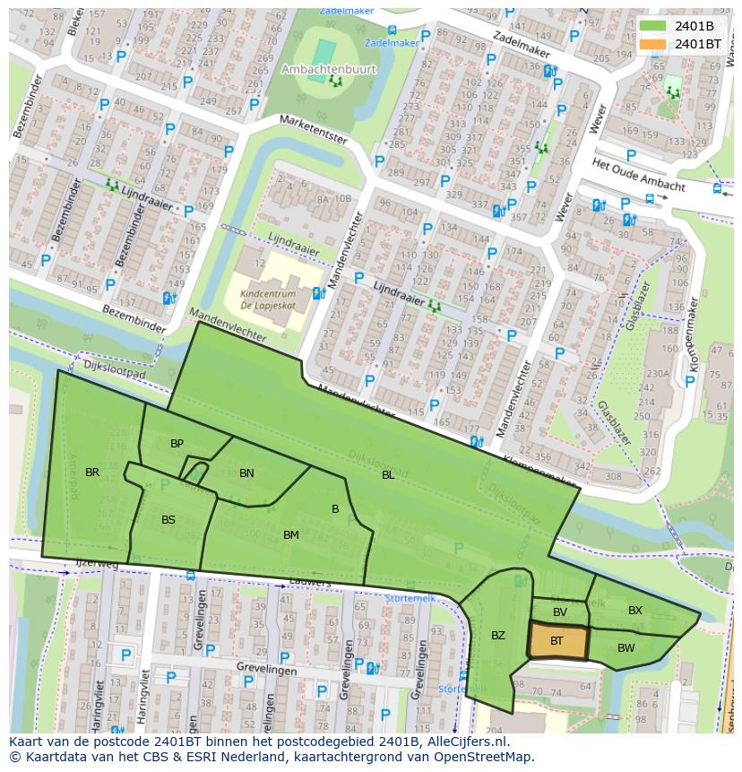 Afbeelding van het postcodegebied 2401 BT op de kaart.