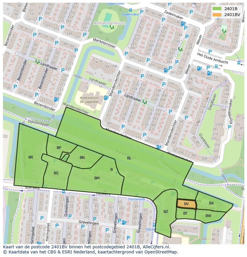 Afbeelding van het postcodegebied 2401 BV op de kaart.