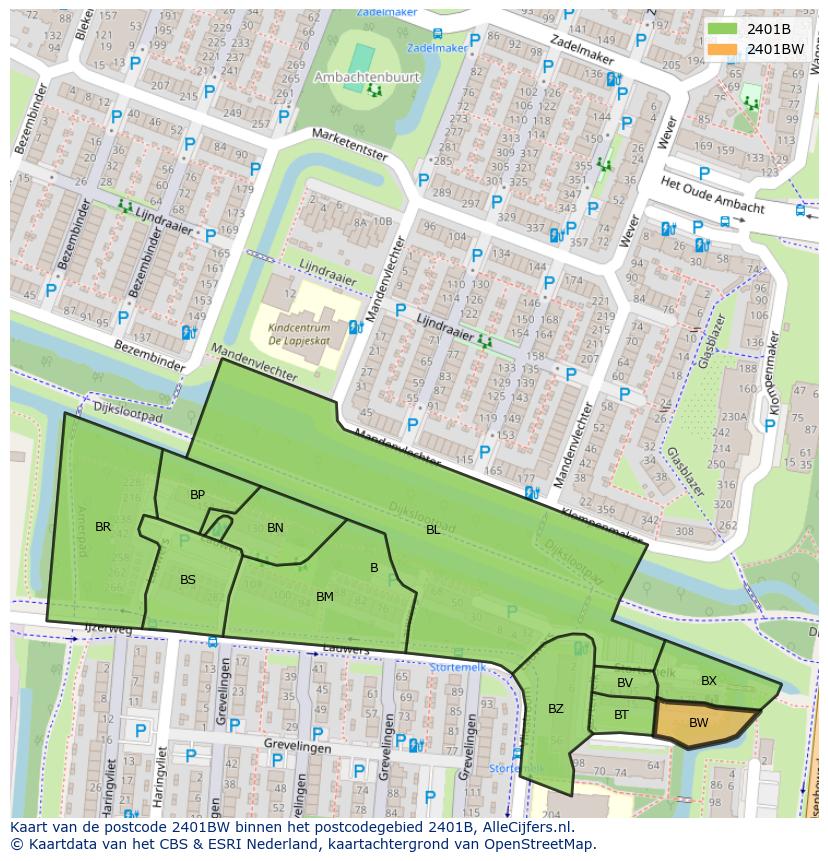 Afbeelding van het postcodegebied 2401 BW op de kaart.