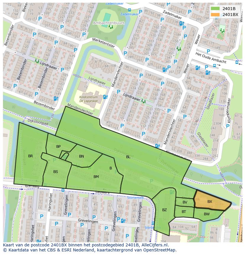 Afbeelding van het postcodegebied 2401 BX op de kaart.