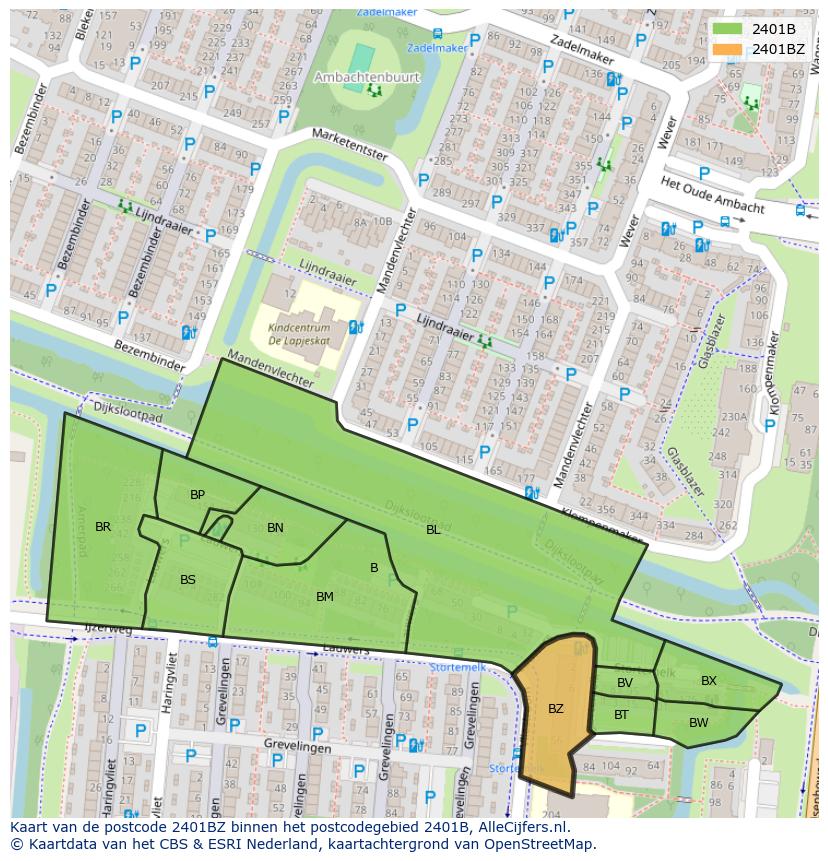 Afbeelding van het postcodegebied 2401 BZ op de kaart.