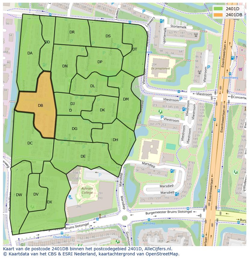 Afbeelding van het postcodegebied 2401 DB op de kaart.