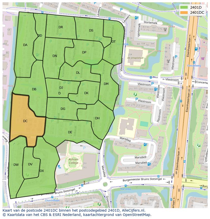 Afbeelding van het postcodegebied 2401 DC op de kaart.