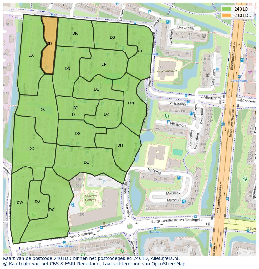Afbeelding van het postcodegebied 2401 DD op de kaart.