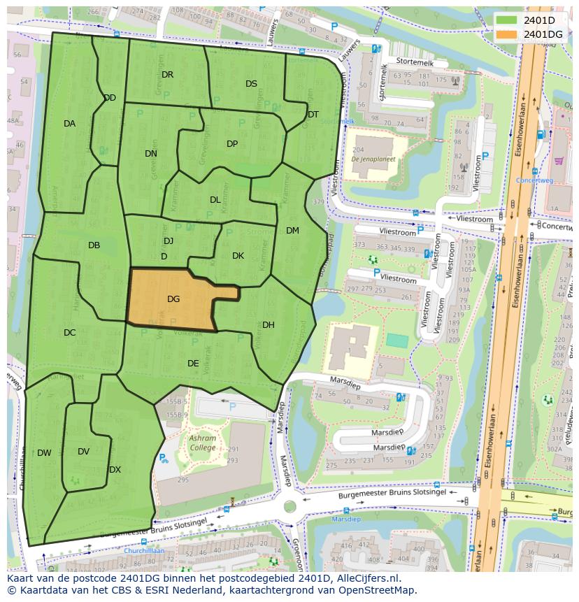 Afbeelding van het postcodegebied 2401 DG op de kaart.