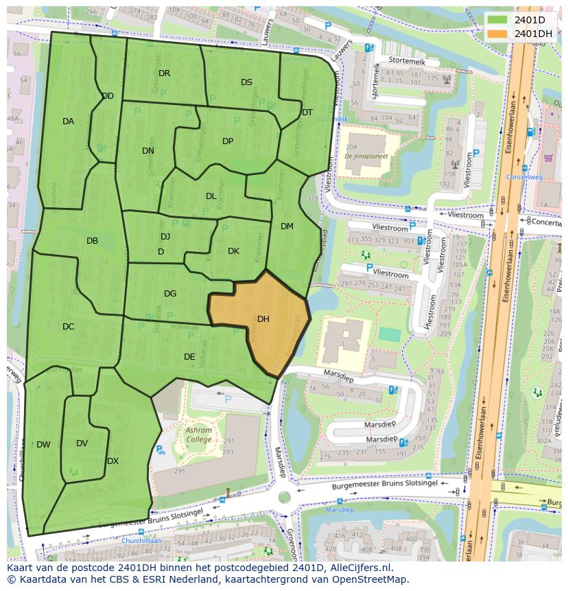Afbeelding van het postcodegebied 2401 DH op de kaart.