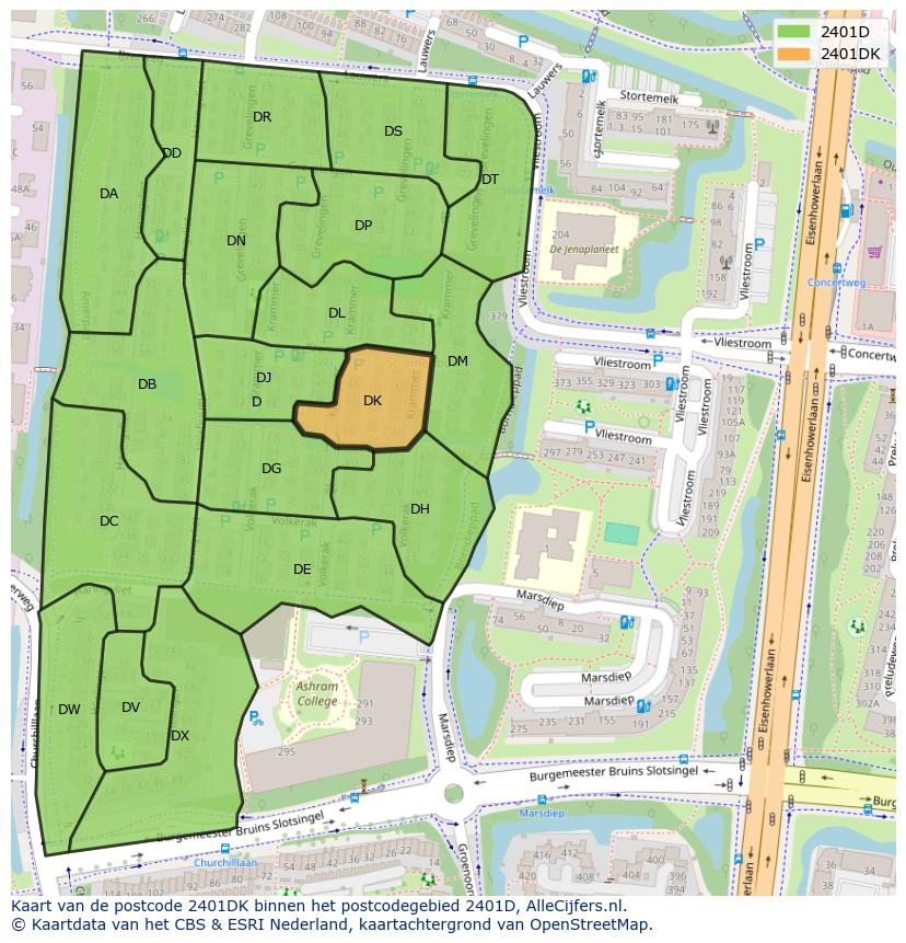 Afbeelding van het postcodegebied 2401 DK op de kaart.