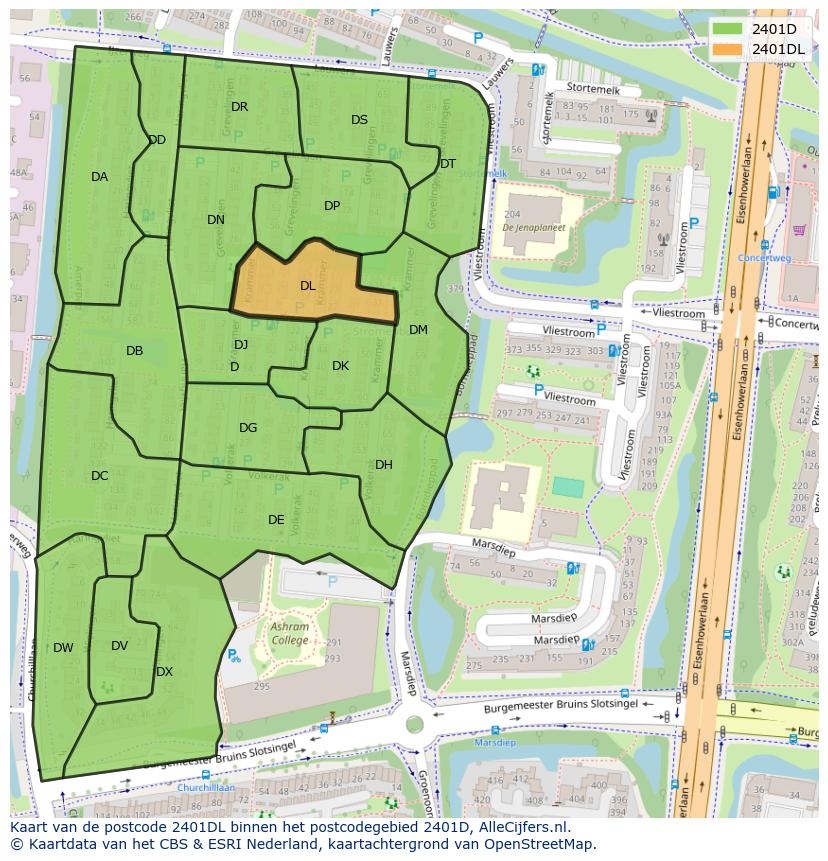 Afbeelding van het postcodegebied 2401 DL op de kaart.