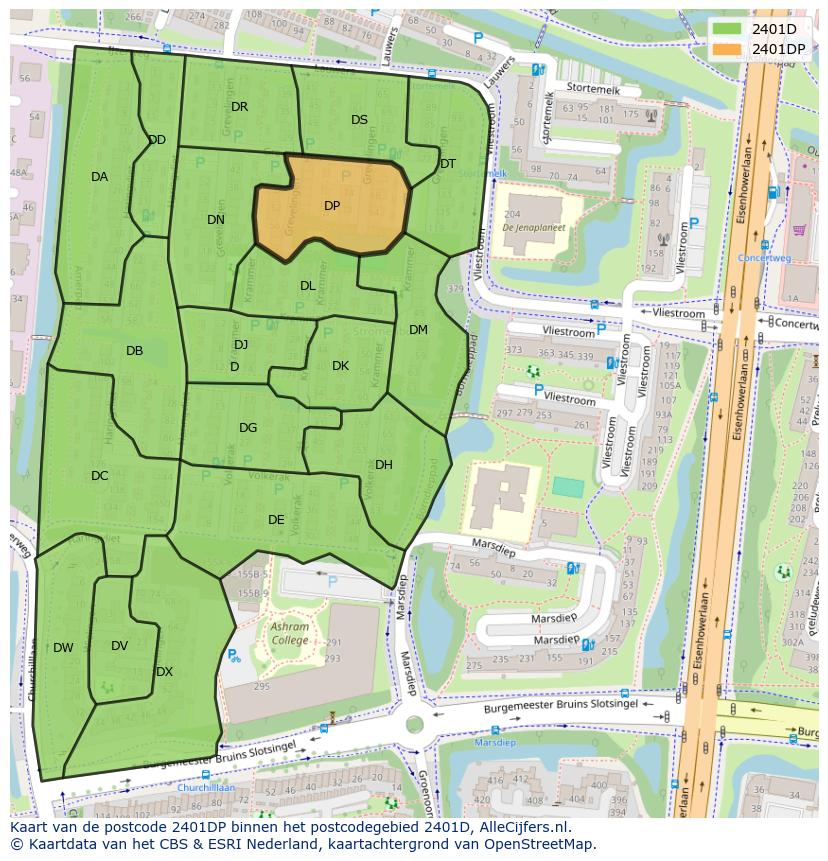 Afbeelding van het postcodegebied 2401 DP op de kaart.