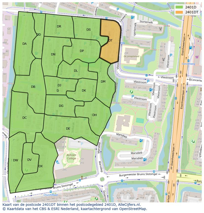 Afbeelding van het postcodegebied 2401 DT op de kaart.