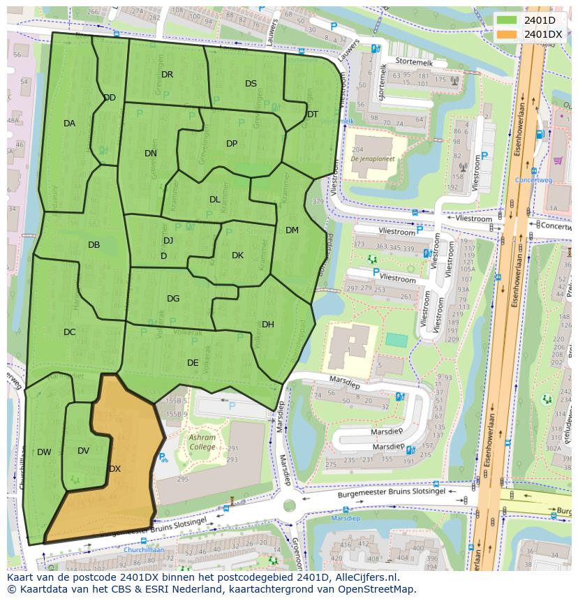 Afbeelding van het postcodegebied 2401 DX op de kaart.