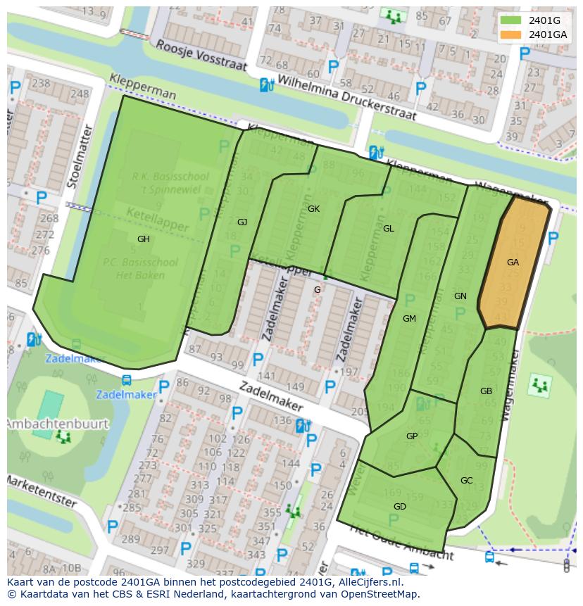 Afbeelding van het postcodegebied 2401 GA op de kaart.
