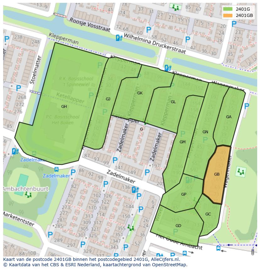 Afbeelding van het postcodegebied 2401 GB op de kaart.