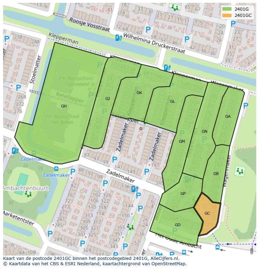 Afbeelding van het postcodegebied 2401 GC op de kaart.