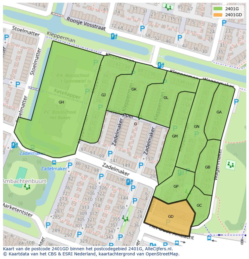Afbeelding van het postcodegebied 2401 GD op de kaart.