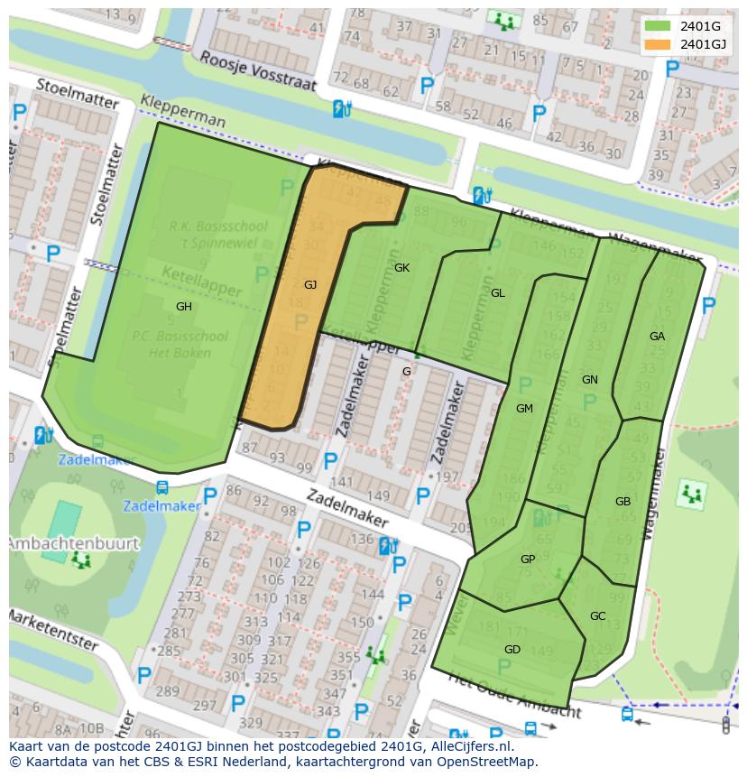 Afbeelding van het postcodegebied 2401 GJ op de kaart.