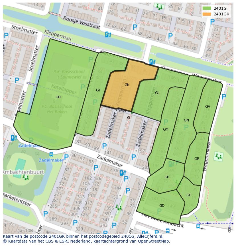 Afbeelding van het postcodegebied 2401 GK op de kaart.