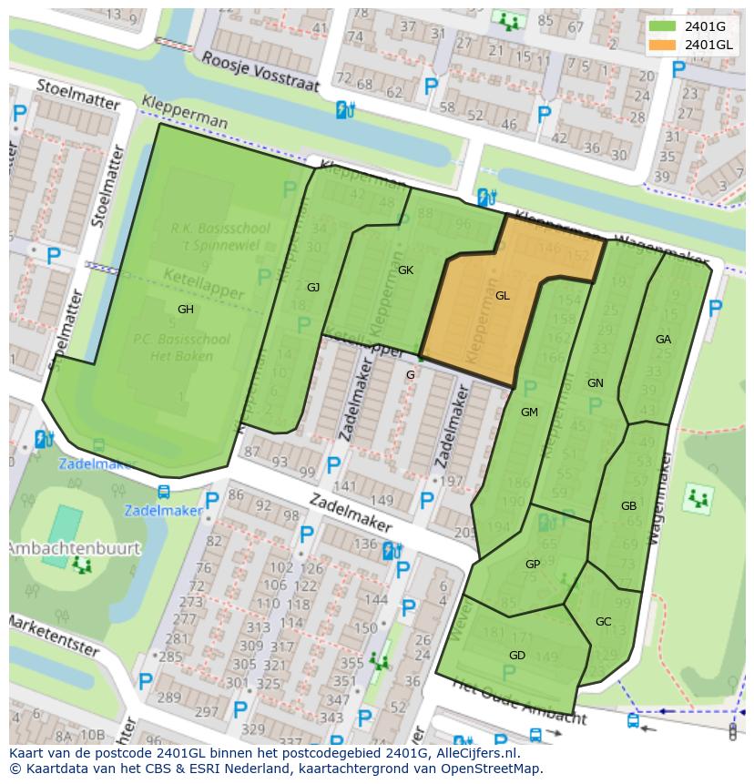 Afbeelding van het postcodegebied 2401 GL op de kaart.