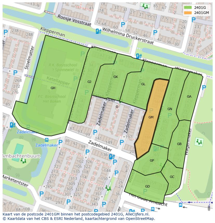 Afbeelding van het postcodegebied 2401 GM op de kaart.