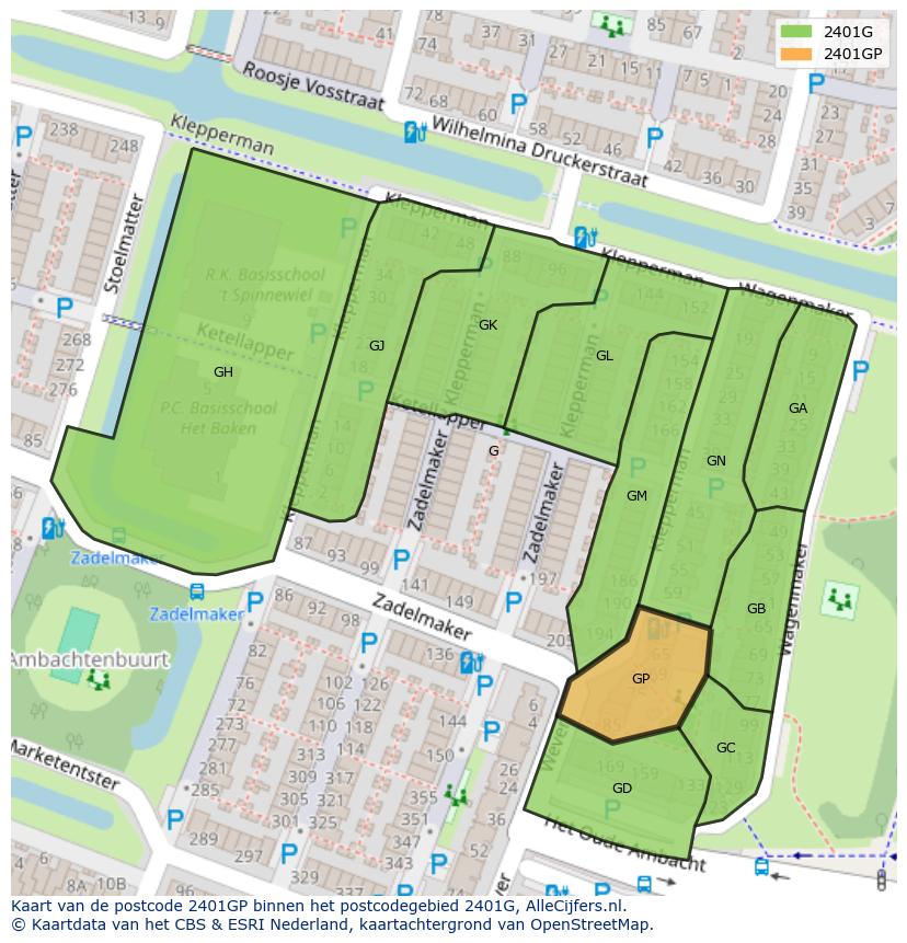 Afbeelding van het postcodegebied 2401 GP op de kaart.