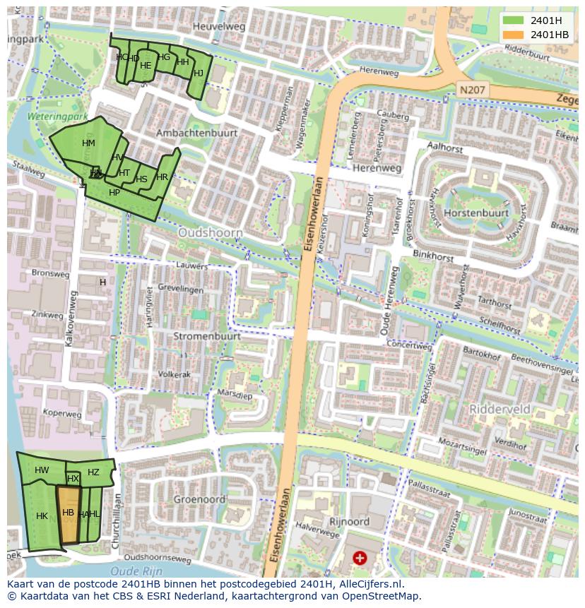 Afbeelding van het postcodegebied 2401 HB op de kaart.