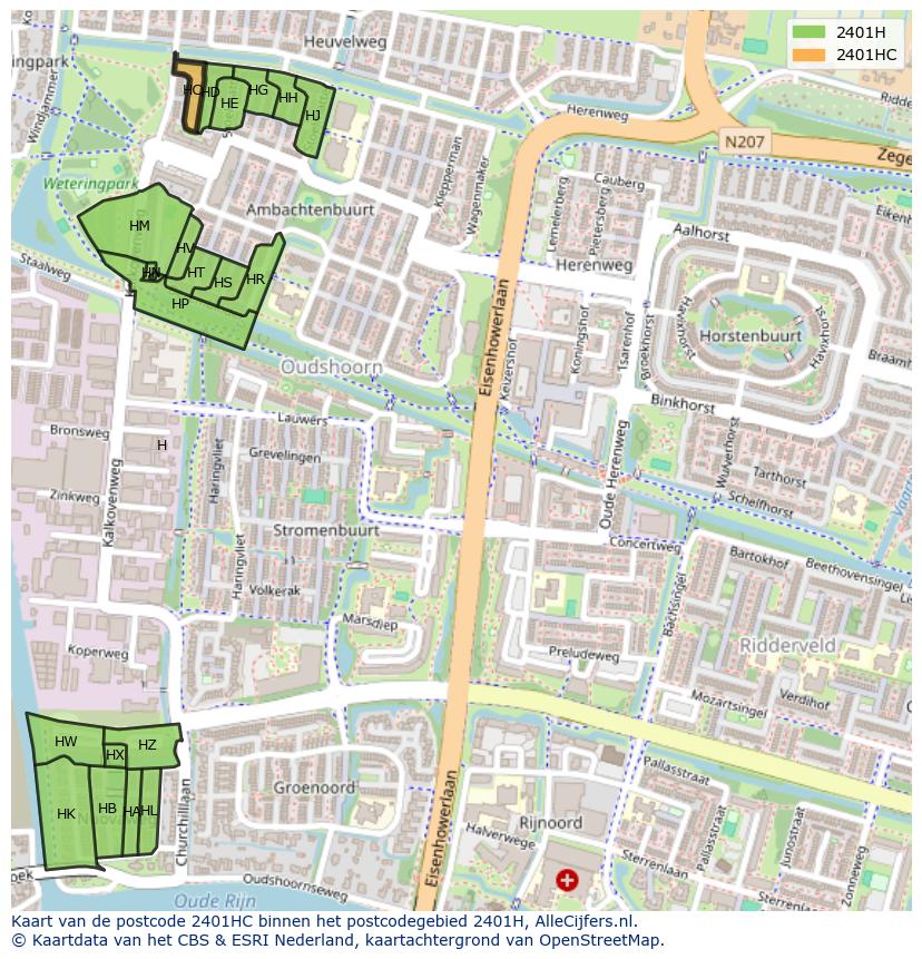 Afbeelding van het postcodegebied 2401 HC op de kaart.