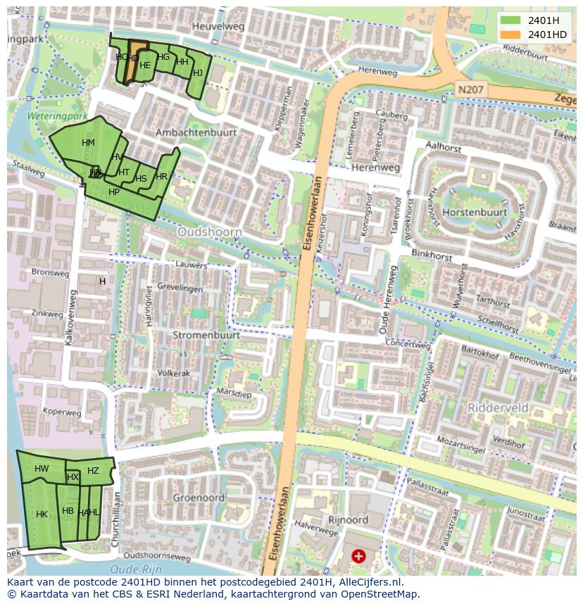 Afbeelding van het postcodegebied 2401 HD op de kaart.