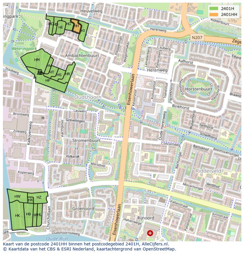 Afbeelding van het postcodegebied 2401 HH op de kaart.