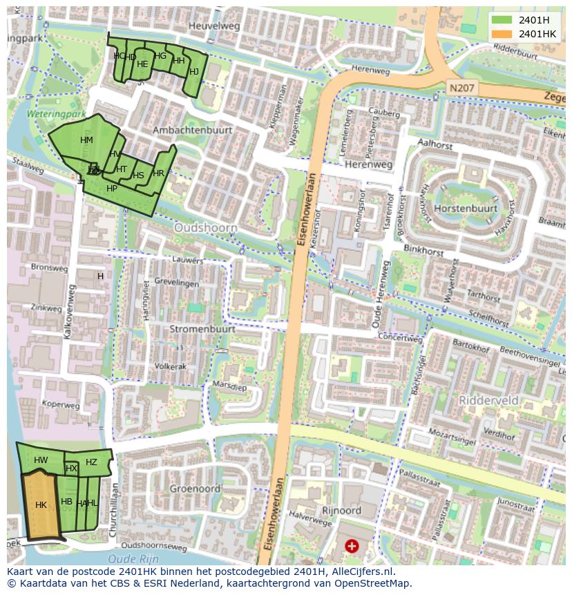 Afbeelding van het postcodegebied 2401 HK op de kaart.
