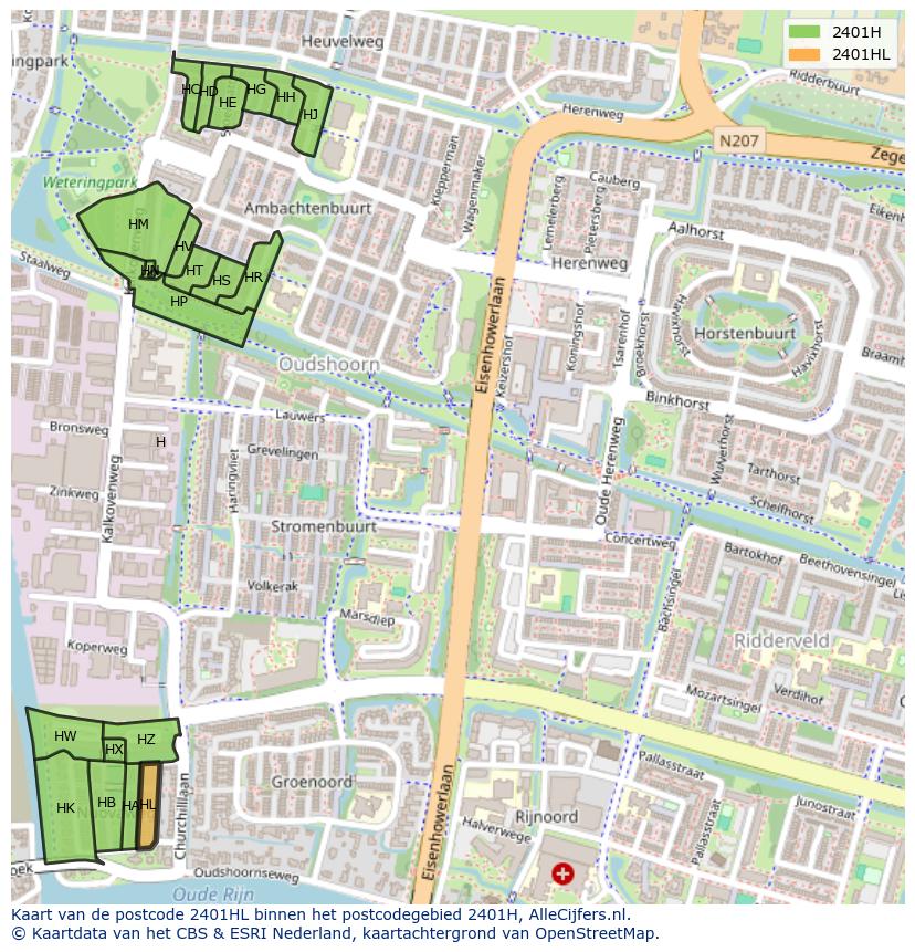 Afbeelding van het postcodegebied 2401 HL op de kaart.