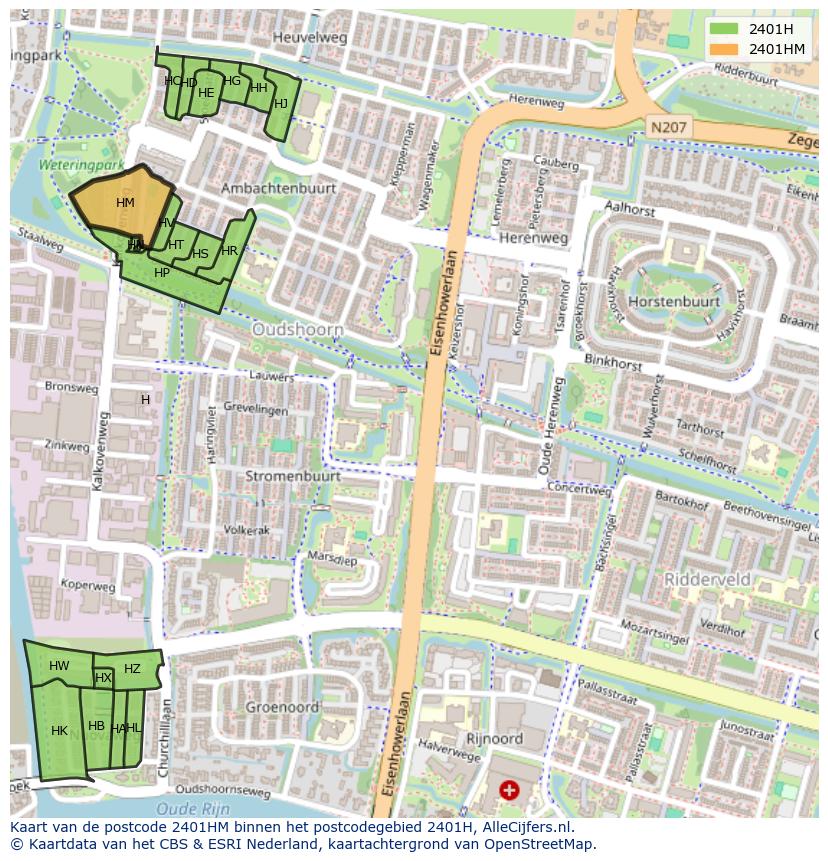 Afbeelding van het postcodegebied 2401 HM op de kaart.