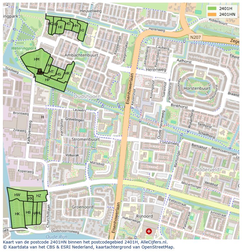 Afbeelding van het postcodegebied 2401 HN op de kaart.
