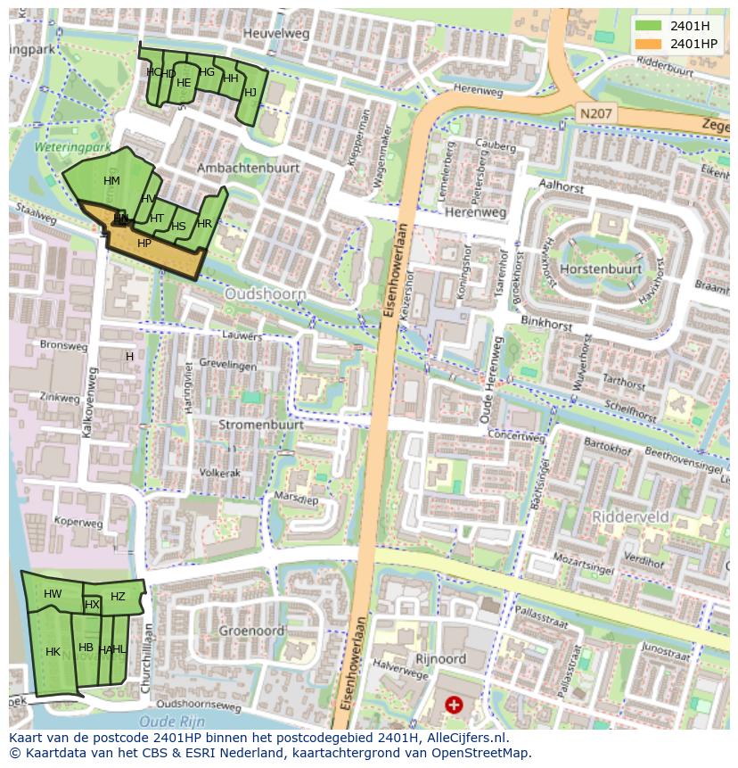 Afbeelding van het postcodegebied 2401 HP op de kaart.
